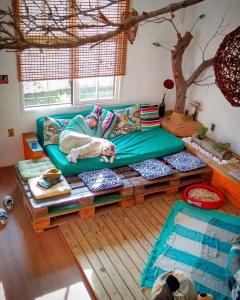 a woman laying on a couch in a living room at Katsbarnea Hostel in Florianópolis