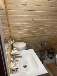 a bathroom with a white sink and a toilet at UYA A-farme in Saty