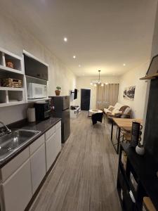 eine Küche mit Spüle und ein Wohnzimmer in der Unterkunft GARÍ Loft in Chihuahua