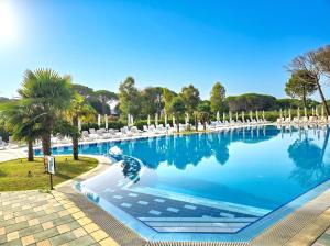 a large swimming pool with white chairs and palm trees at Sunny Beach Penthouse 271 in Lalzit Bay