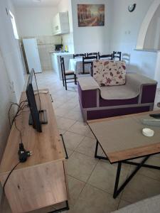 a living room with a couch and a tv on a table at Apartman Leka in Donji Bogdašići +4 photos