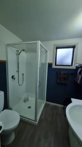 a bathroom with a shower and a toilet and a sink at Peak Sport Chalet in Wanaka +27 photos