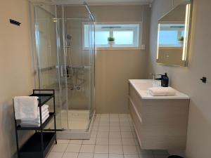 a bathroom with a glass shower and a sink at Charming apartment with free parking close to Ålesund center in Ålesund +13 photos