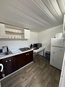 a kitchen with a refrigerator and a sink and a stove at Casa Bianca in Eforie Nord