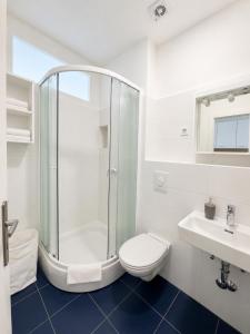 a bathroom with a shower and a toilet and a sink at Aparthouse Penelope in Supetarska Draga