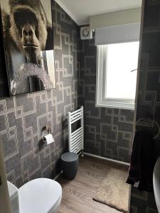 a bathroom with a skull on the wall at Luxury 2 Bed Caravan With Decking - Sleeps 4 - at Broadland Sands Park in Lowestoft +13 photos