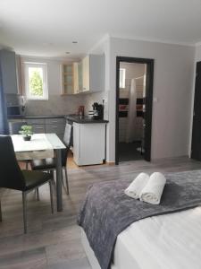 a room with a bed and a kitchen with a table at Napolá apartman in Balatonalmádi