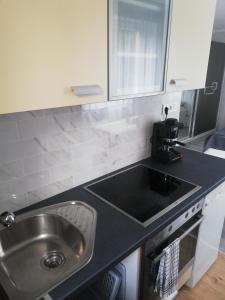 a kitchen with a sink and a counter top at Napolá apartman in Balatonalmádi