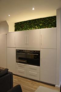 a kitchen with white cabinets and an oven at Hébergement atypique in Esch-sur-Sûre +25 photos