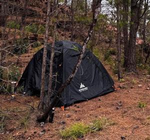 a black tent sitting in the middle of a forest at Cantinho da Floresta in Fontinha