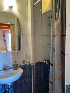 a bathroom with a sink and a mirror at House Draga Plitvice near the lakes and bus stop in Plitvička Jezera +63 photos