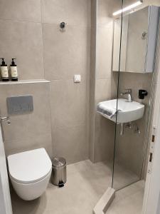 a bathroom with a toilet and a sink at Aelia Blu 1 in Ofrínion