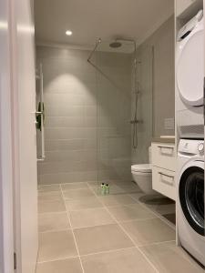 a bathroom with a washing machine and a toilet at Cozy Central Reykjavik in Reykjavík +7 photos
