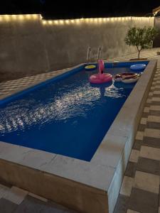 a swimming pool with two inflatable flamingos in it at fam rest in Garni