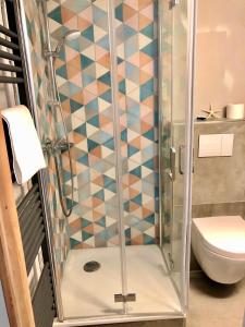 a shower with a glass door in a bathroom at Haus SandRast in Westerland