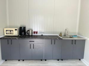 a kitchen with a sink and a microwave at Casa Blanca in Vadul lui Vodă