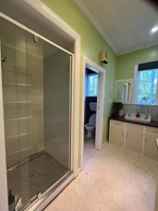 a bathroom with a shower and a toilet at Destination Cliff Top - Cottage and Homestead in Ohingaiti +107 photos