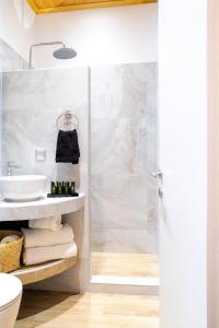 a bathroom with a shower and a sink at Gaia Trikeri Suites in Ayía Kiriakí