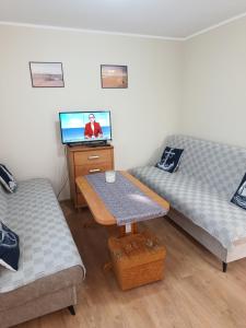 a living room with a couch and a table at Manta Apartamenty in Sianozety +2 photos
