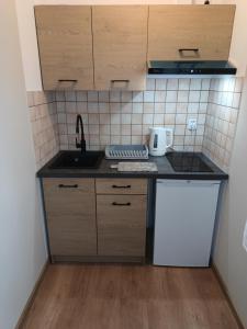 a small kitchen with wooden cabinets and a sink at Manta Apartamenty in Sianozety