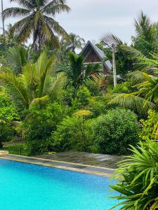 a swimming pool in front of a resort with palm trees at Steps Garden Resort in Negombo