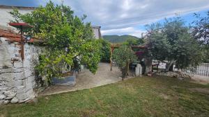 a garden with trees and a stone wall at Olive Garden Estate in Elevtheraí