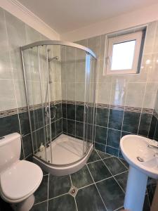 a bathroom with a shower and a toilet and a sink at Casa 18 in Sveti Vlas +31 photos