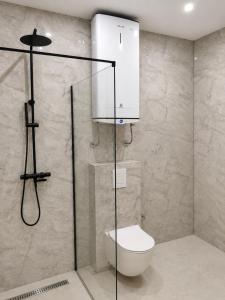 a bathroom with a toilet and a shower at Studios Annie in Bijela +65 photos