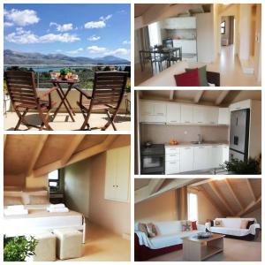 a series of four pictures of a kitchen and a living room at VISTA DI MARE 3 in Lixouri