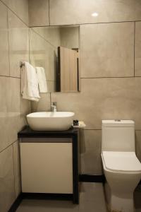 a bathroom with a sink and a toilet and a mirror at Hotel Jai Palace in Ajmer