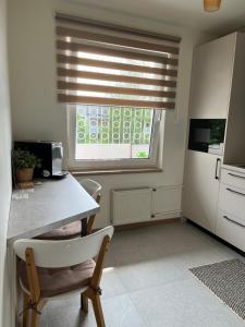 a kitchen with a table and a refrigerator and a window at Lapu ielas apartment in Ogre