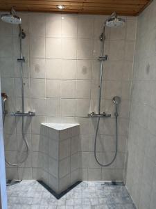 a bathroom with a shower with two shower heads at Treeline Cottage in Rovaniemi +10 photos