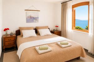 a bedroom with two beds and a large window at SunSeoce Apartments in Budva