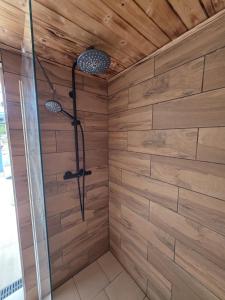 a shower with a wooden wall at Gästehaus Kathi Campingplatz Buschcamper in Gyenesdiás +25 photos
