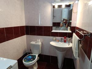 a woman taking a picture of a bathroom with a toilet and sink at Green Valley GV in Kotor