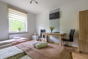 a bedroom with a bed and a desk and a window at Willa Beskidek PLUS in Szczyrk
