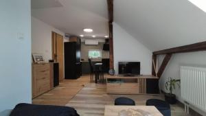 a large living room with a kitchen and a living room at Damianówka in Paczkówek