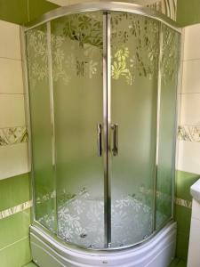 a shower with a glass door in a bathroom at Domček u Ferka in Dedinky +23 photos