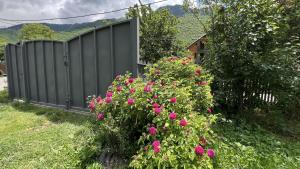 a black fence with pink flowers in a yard at Cozy Corner Inn in Ushkhvanari
