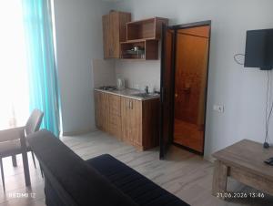 a living room with a couch and a kitchen at Hotel Marina in Shekhvetili