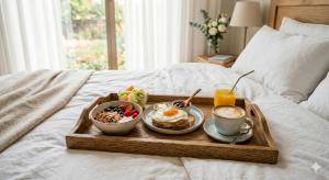 a tray of breakfast foods and drinks on a bed at Elkasa guest house in Zvartnots International Airport +8 photos