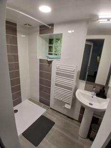 a white bathroom with a sink and a mirror at Loft cosy 4 in city center in Saint-Benoît-sur-Loire +24 photos