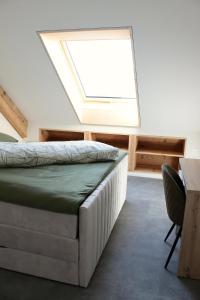 a bedroom with a bed and a skylight at Fuchs at home in Kaltbrunn +3 photos