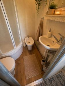 a bathroom with a toilet and a sink and a shower at Domek Panorama in Rymanów-Zdrój +4 photos