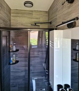a bathroom with a shower with wooden walls at Apartman Vesna in Leskovac +39 photos