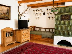 a living room with a couch and a fireplace at Landhaus Sisi - River&Pool in Bad Ischl