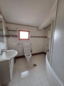 a bathroom with a toilet and a sink and a tub at Apartment Emir in Mostar