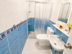 a blue and white bathroom with a toilet and a sink at Anadolu Hotel in Istanbul +32 photos