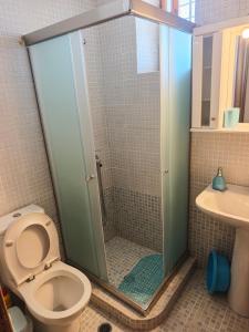 a bathroom with a shower with a toilet and a sink at Kastri in Kythira +5 photos