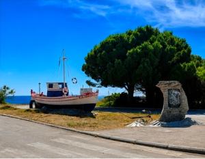 a boat sitting on the side of a road next to a tree at Pefanis House in Preveza +5 photos